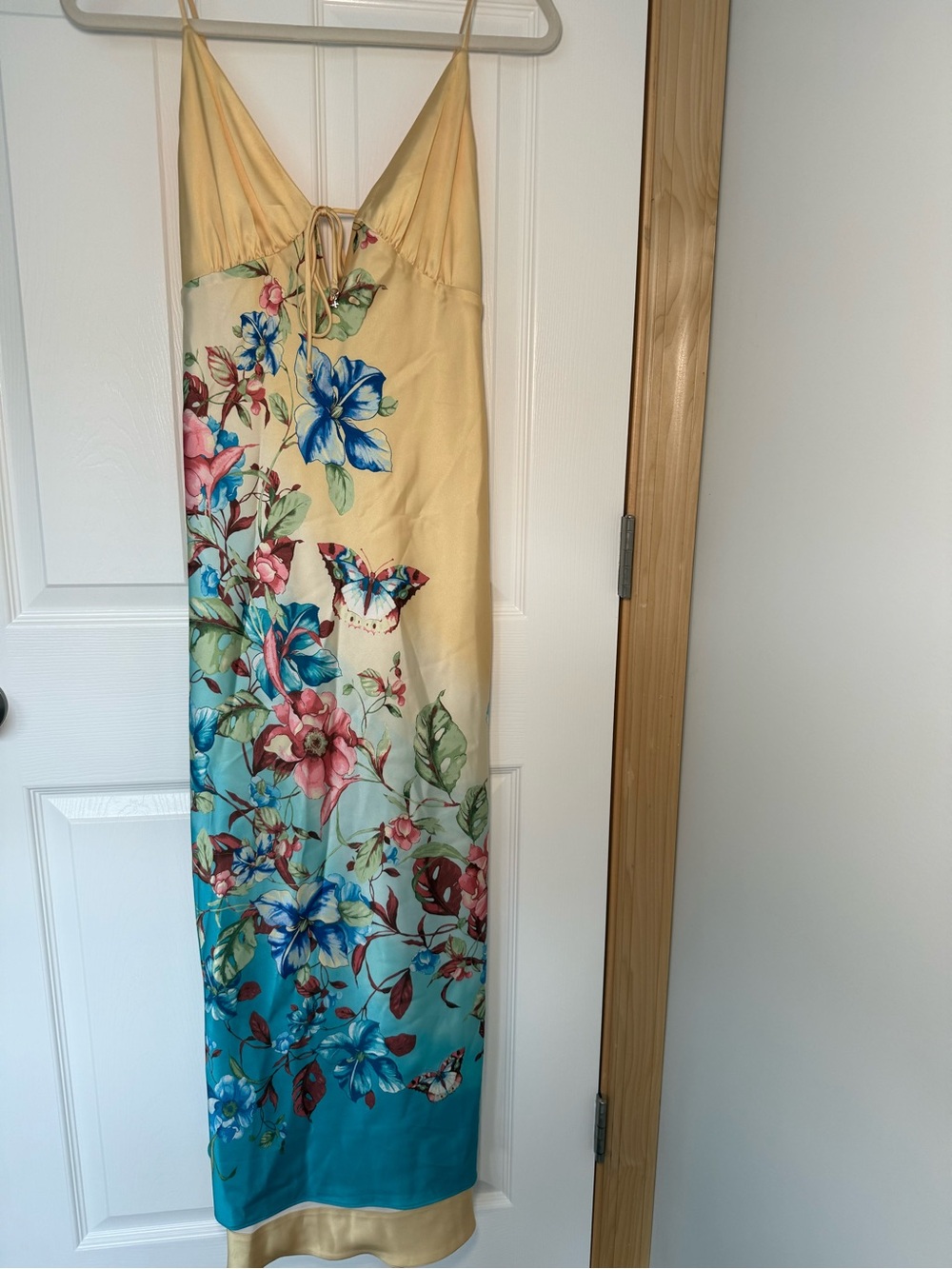 Abercrombie Floral Satin Slip Midi Dress Yellow Blue | Size S